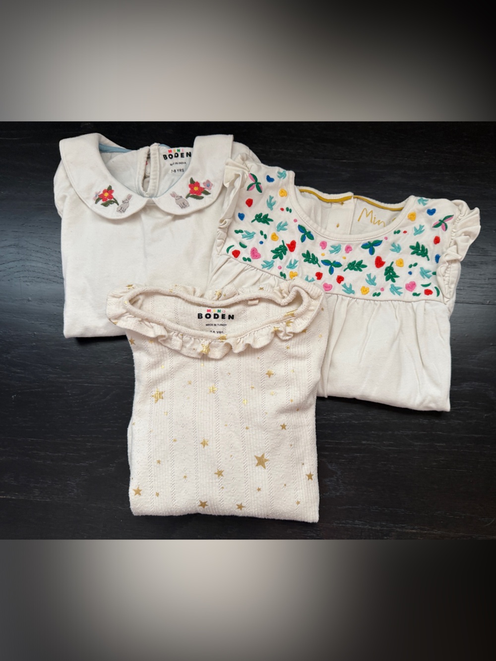 Mini Boden Cream Tops Trio with Gold Stars & Multicolor Floral Embroidery